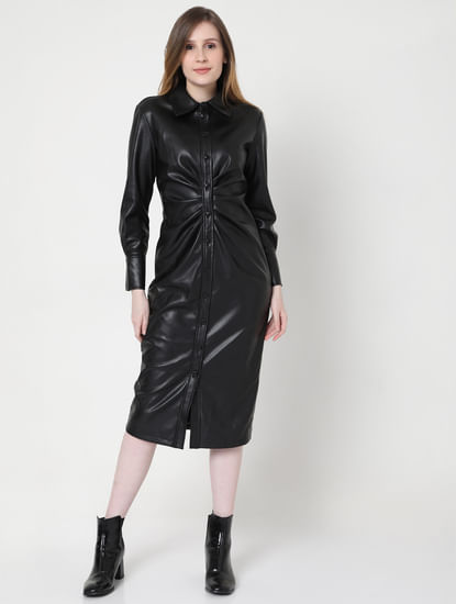 Black Faux Leather Midi Dress
