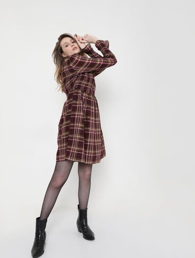 Maroon Check Fit & Flare Dress