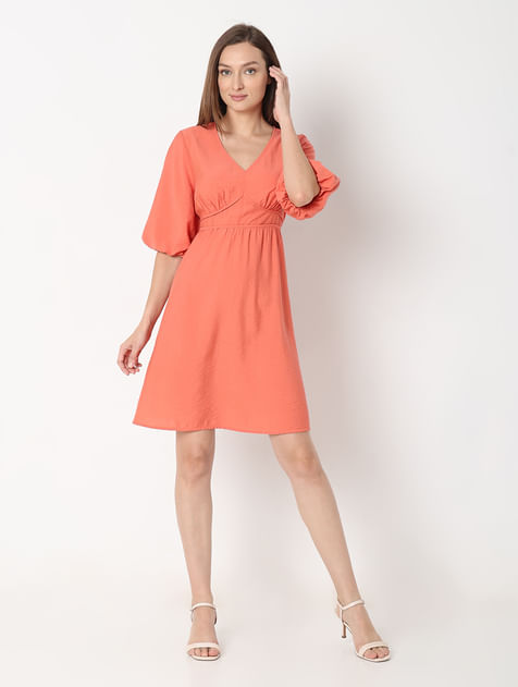 Orange V-Neck Short Dress
