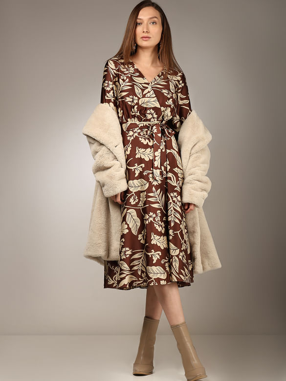 Brown Leaves Print Midi Dress