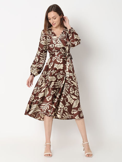 Brown Leaves Print Midi Dress