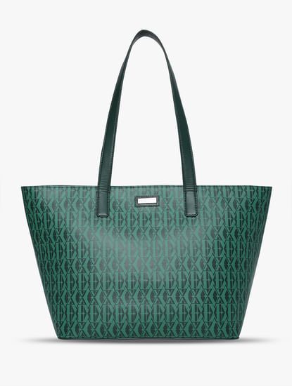 Green Monogram Print Tote Bag