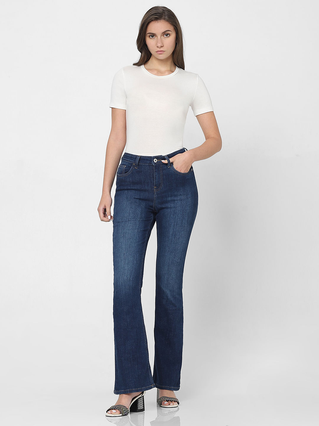 WMNS Floral Embroidered Insert Bell Bottom Jeans - Dark Blue