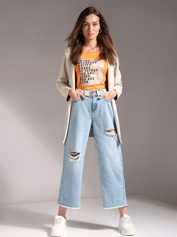Light Blue High Rise Ripped Zoey Wide-Leg Jeans
