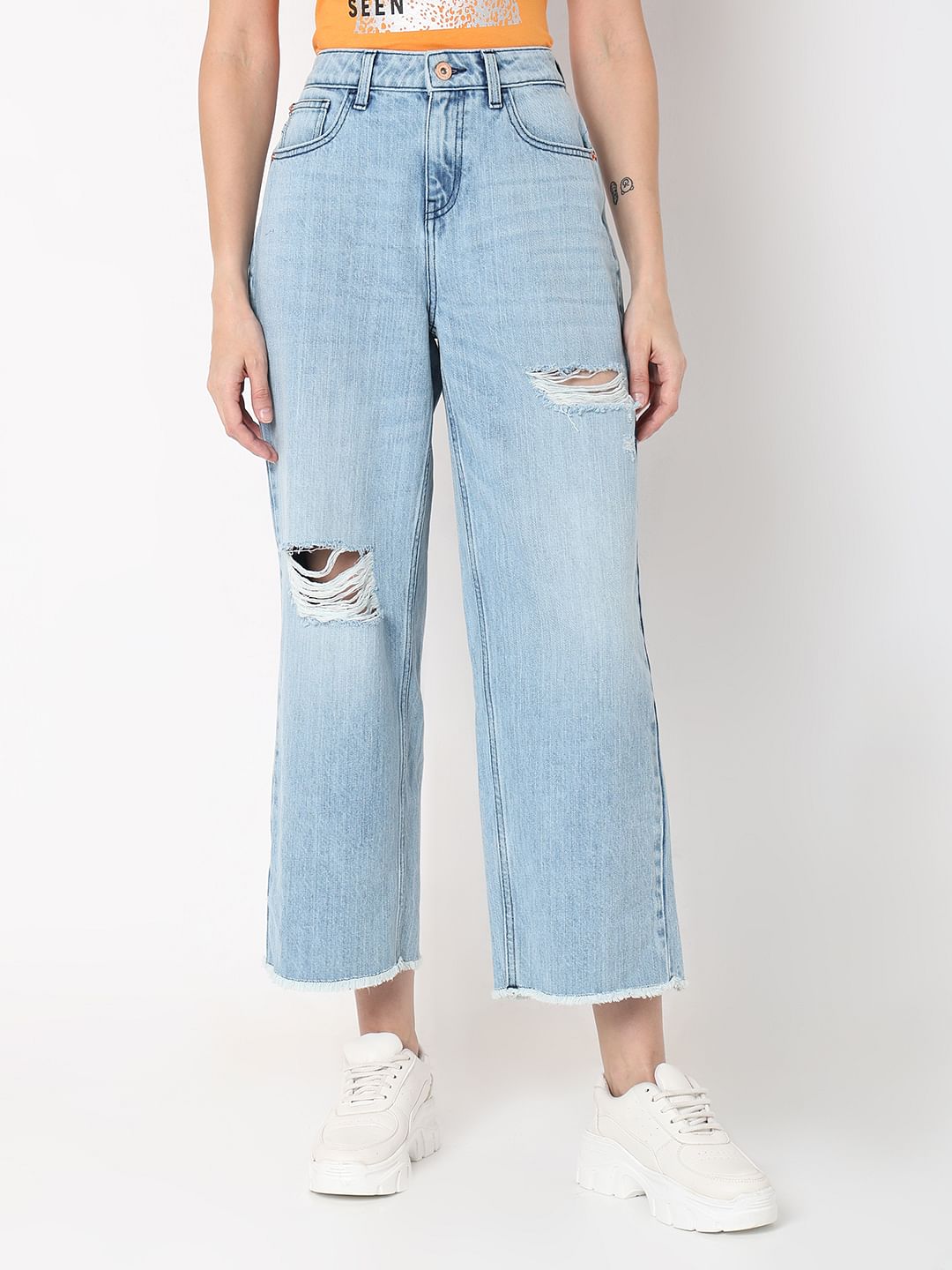 Light Blue High Rise Ripped Zoey Wide Leg Jeans