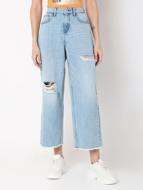 Light Blue High Rise Ripped Zoey Wide-Leg Jeans