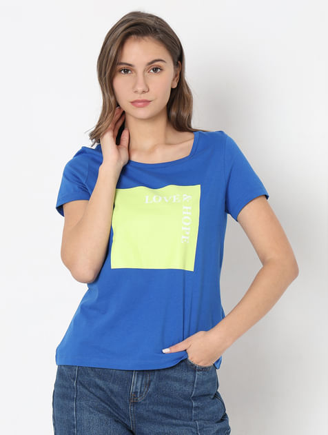 Blue Text Print T-shirt
