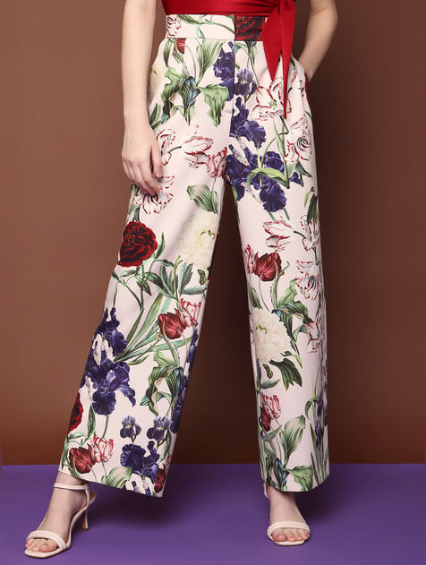 MARQUEE Beige Mid Rise Wide Leg Floral Pants