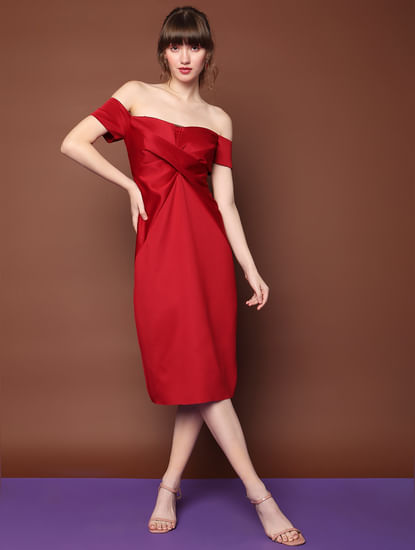 MARQUEE Red Off-Shoulder Drape Dress