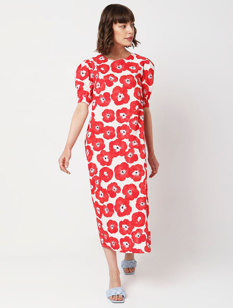 Red Floral Print Midi Dress
