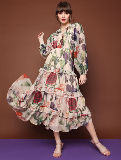 MARQUEE Beige Floral Print Midi Dress