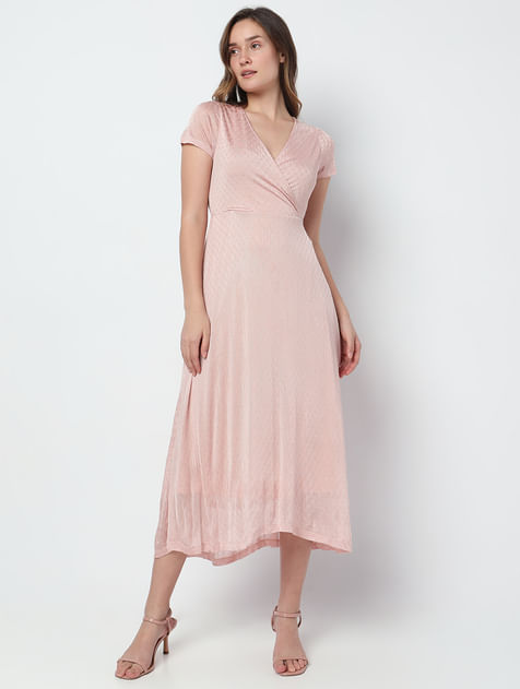 Pink Mock-Wrap Midi Dress