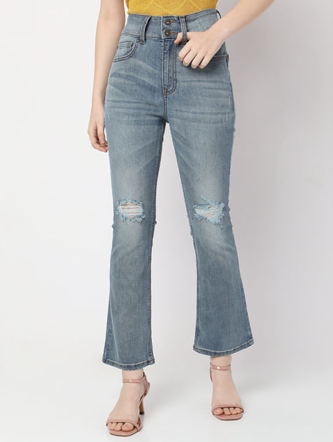 Blue High Rise Distressed Bootcut Jeans