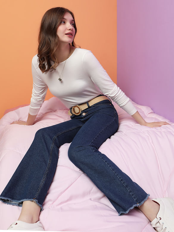 Blue High Rise Buttoned Petra Bootcut Jeans