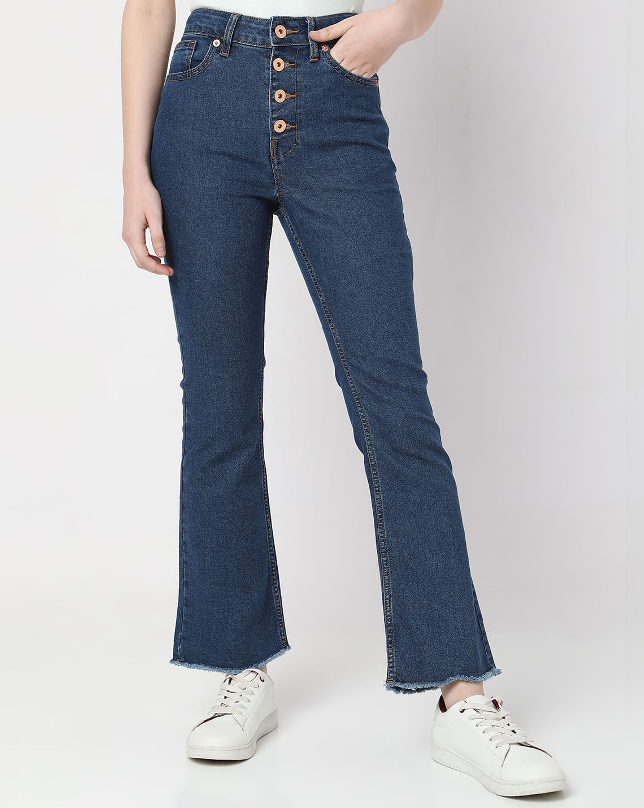 Blue High Rise Buttoned Bootcut Jeans