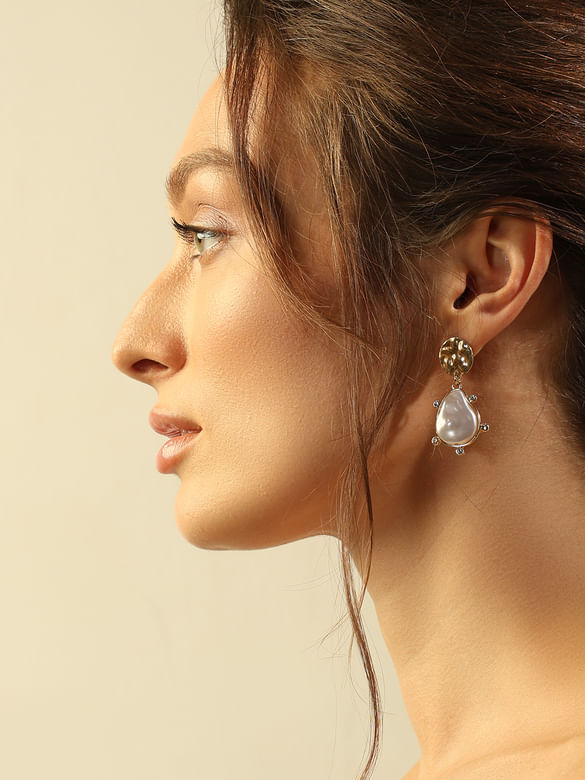 Gold Pearl Embellished Drop Earrings