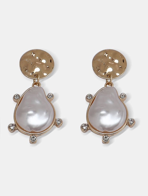 Gold Pearl Embellished Drop Earrings