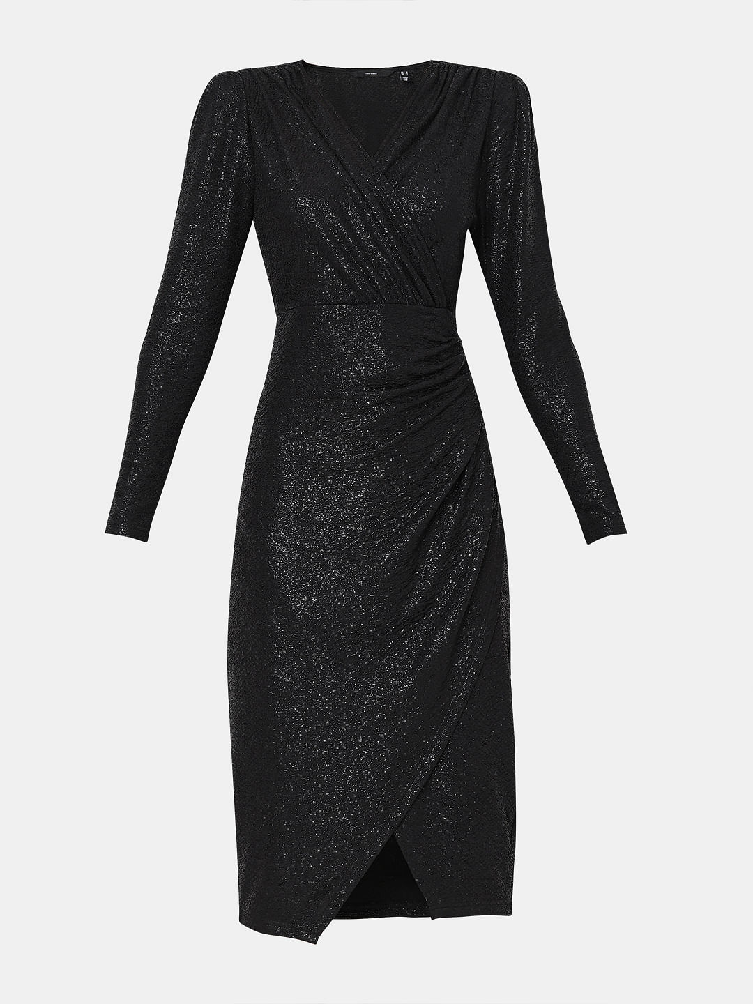 Black Shimmer Lurex Wrap Dress|148550401-Black