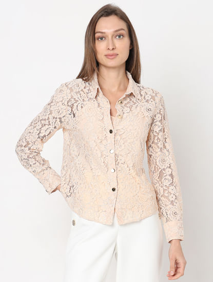 Peach-Pink Floral Lace Shirt