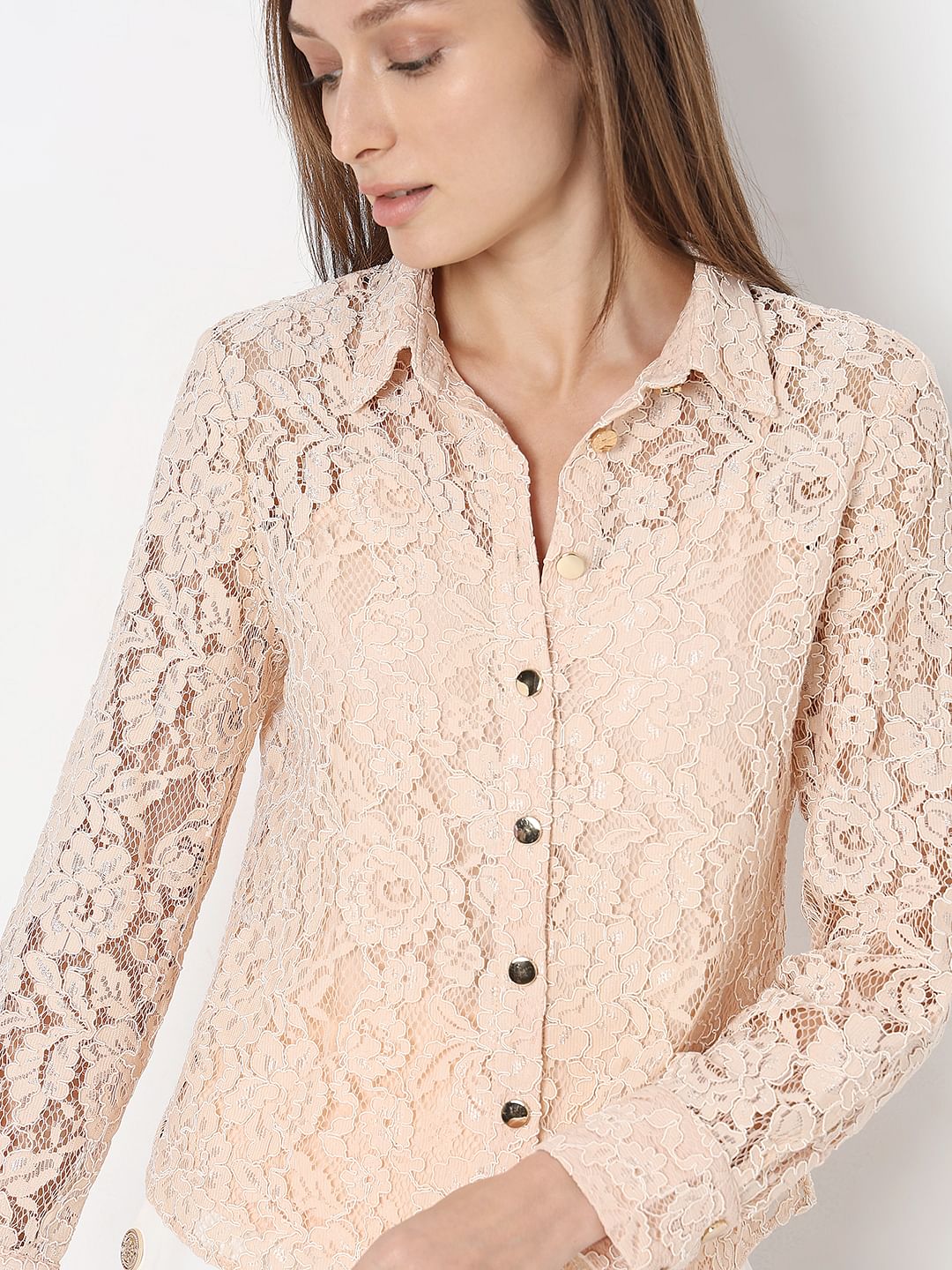 Peach Pink Floral Lace Shirt