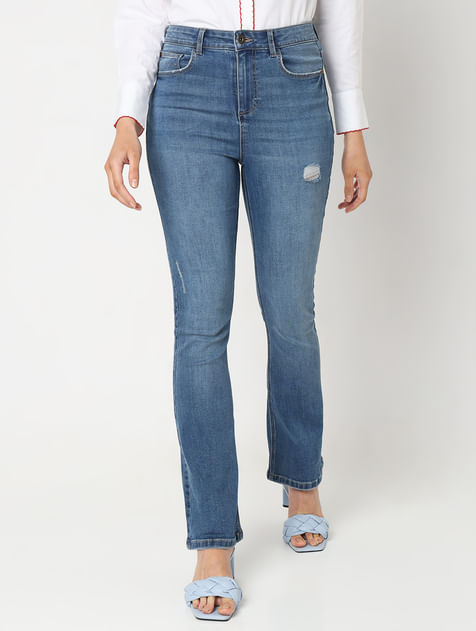 Blue Mid Rise Mildly Distressed Petra Bootcut Jeans