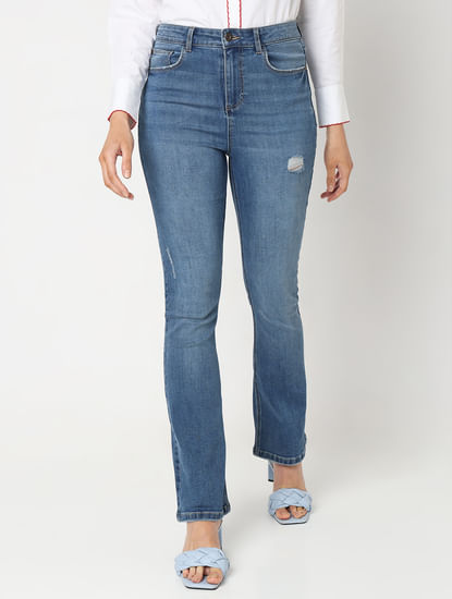 Blue Mid Rise Mildly Distressed Bootcut Jeans