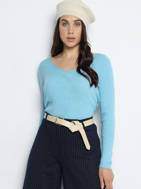 Blue Ribbed Knit Top