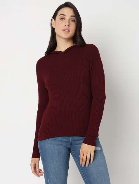 Maroon Ribbed Knit Hooded Top