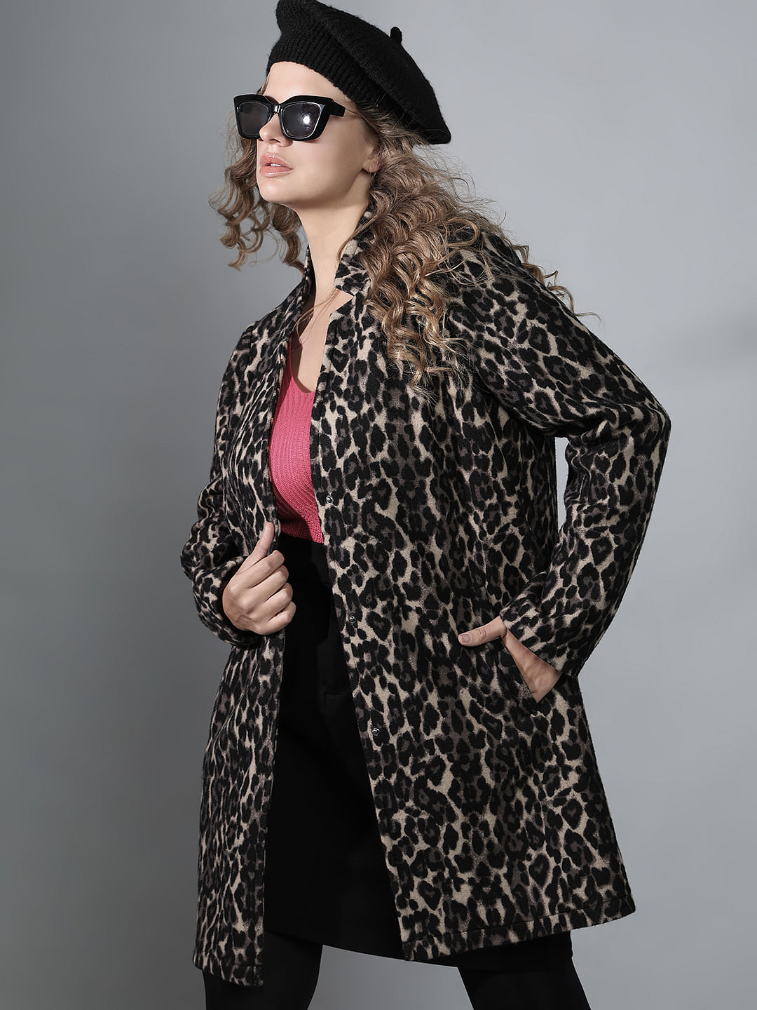 Black leopard print coat sale