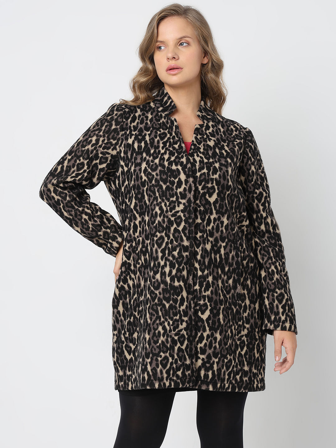 CURVE Black Animal Print Brushed Coat for Women VERO MODA