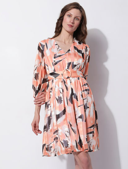 Peach Printed Pleated Dress