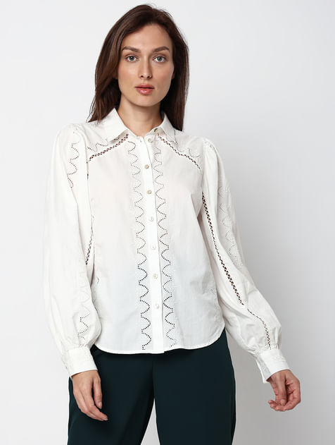 White Schiffli Detail Cotton Shirt