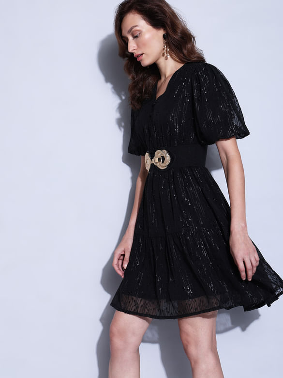 Black Textured Fit & Flare Dress