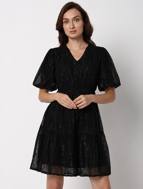 Black Textured Fit & Flare Dress