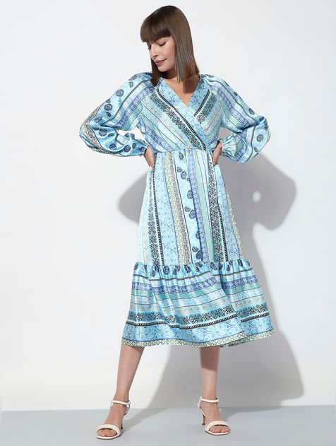 Blue Printed Satin Midi Dress