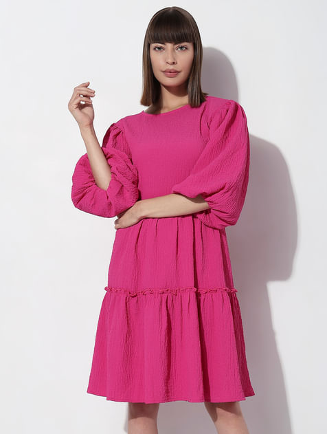 Fuchsia Pink Structured Tiered Shift Dress