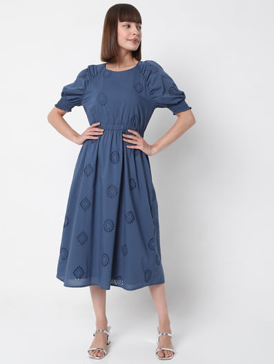 Blue Schiffli Embroidered Midi Dress