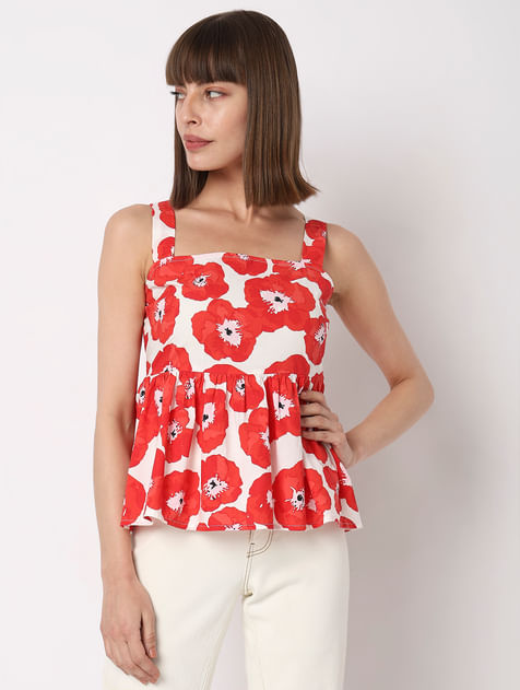 Red Floral Flared Top