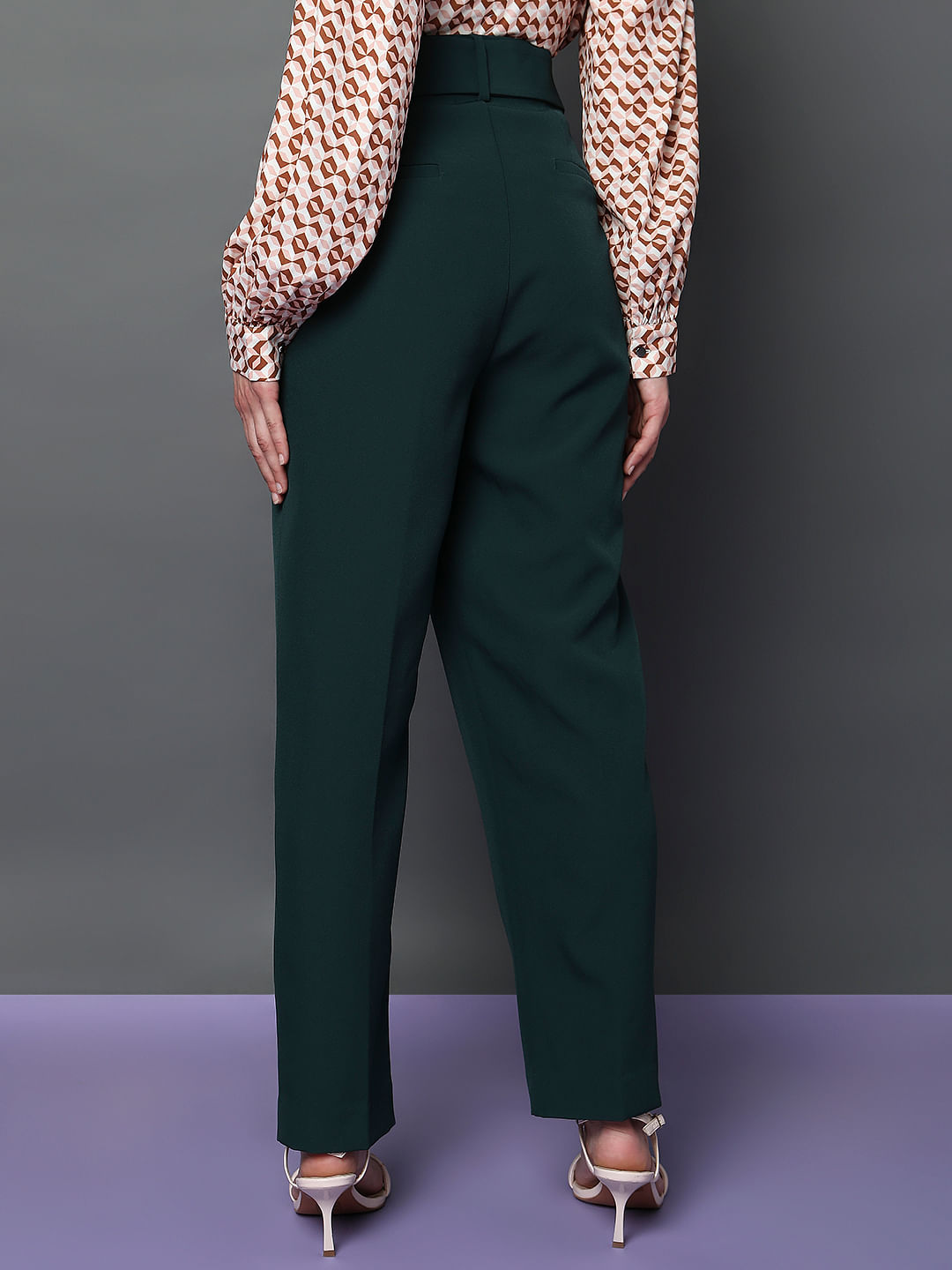 Women Sea Green Zipper Bell Bottom Trousers