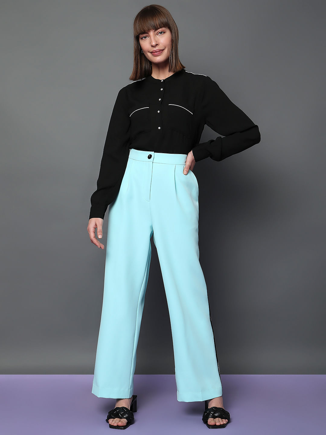 Bishop Sleeve Bodysuit + High Waist Pants (Style Pantry) | Bright colored  outfits, Blue pants outfit, Dress pants outfits