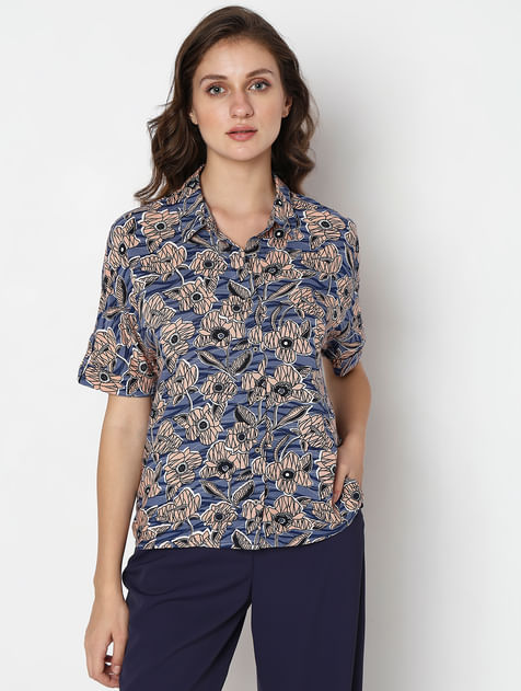 Blue Floral Print Casual Shirt