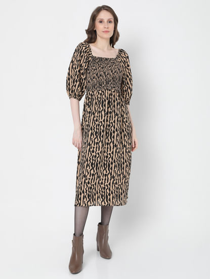 Brown Abstract Print Midi Dress