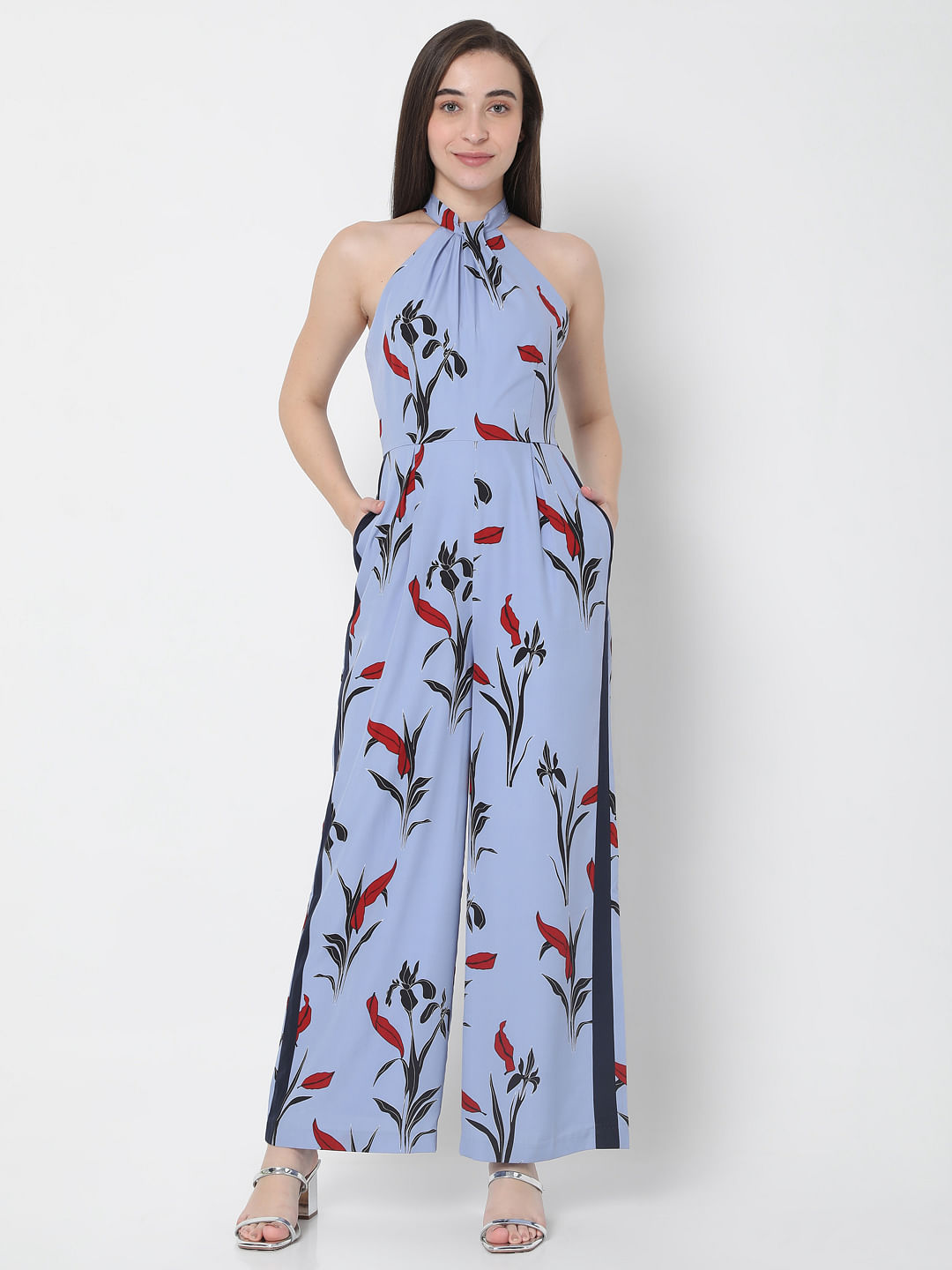 navy floral high neck jumpsuit