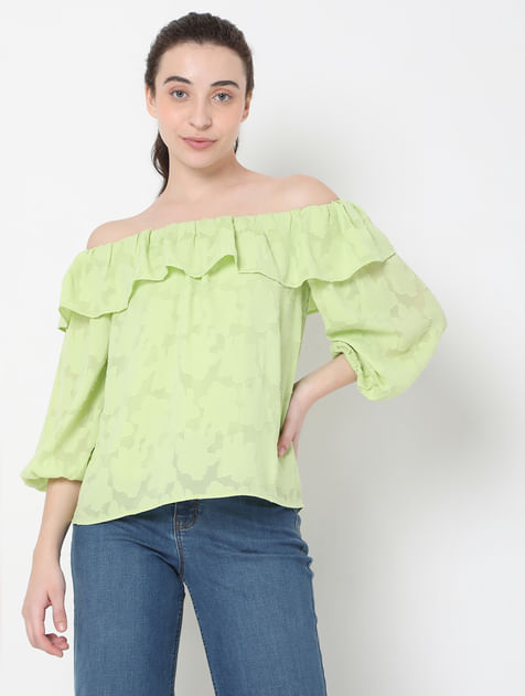 Green Floral Jacquard Print Off-Shoulder Top