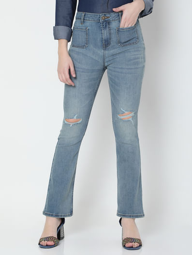 Blue High Rise Ripped Bootcut Jeans