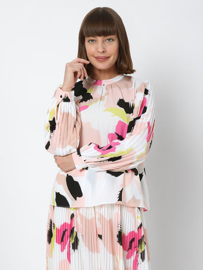 White Abstract Print Co-ord Top