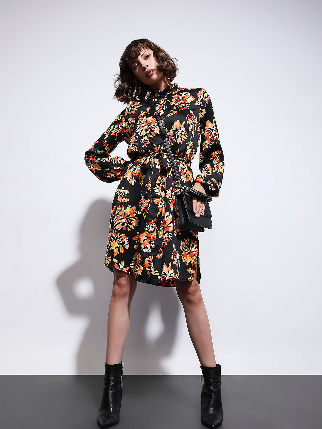 Black floral hotsell midi shirt dress