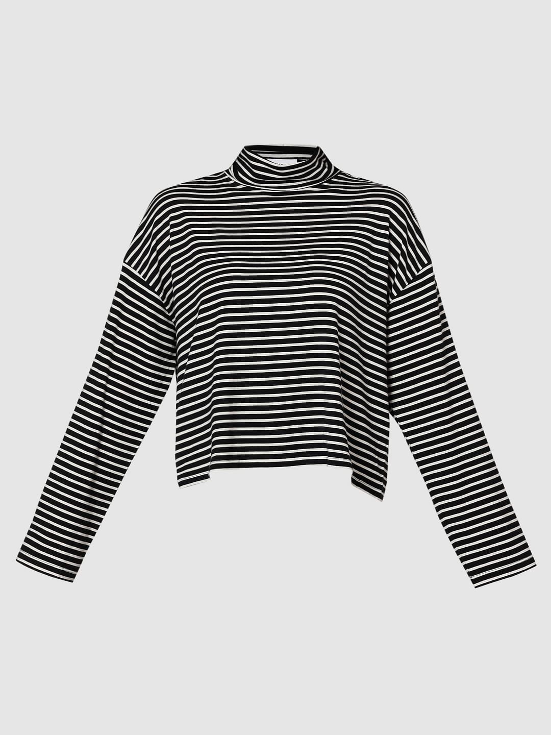 High neck black outlet and white striped top