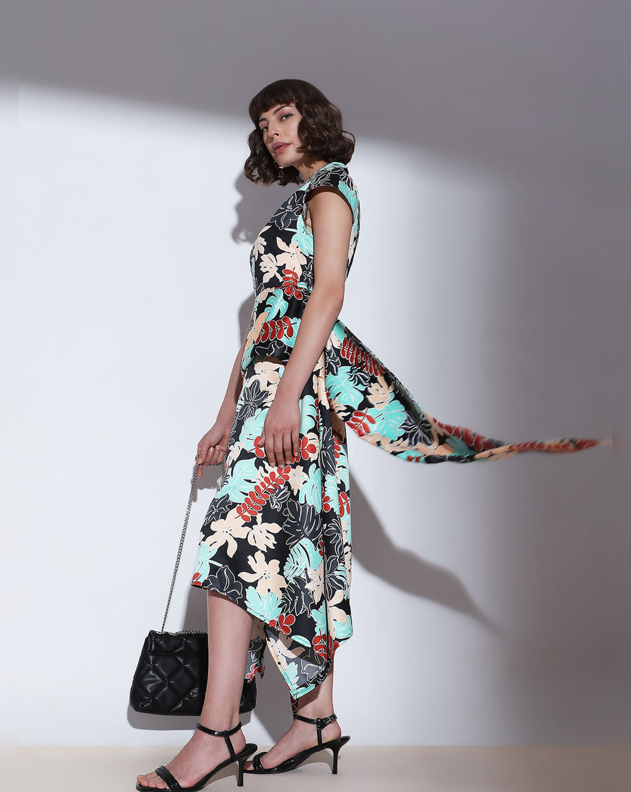 Jet Black Floral Lace Asymmetric Midi Dress