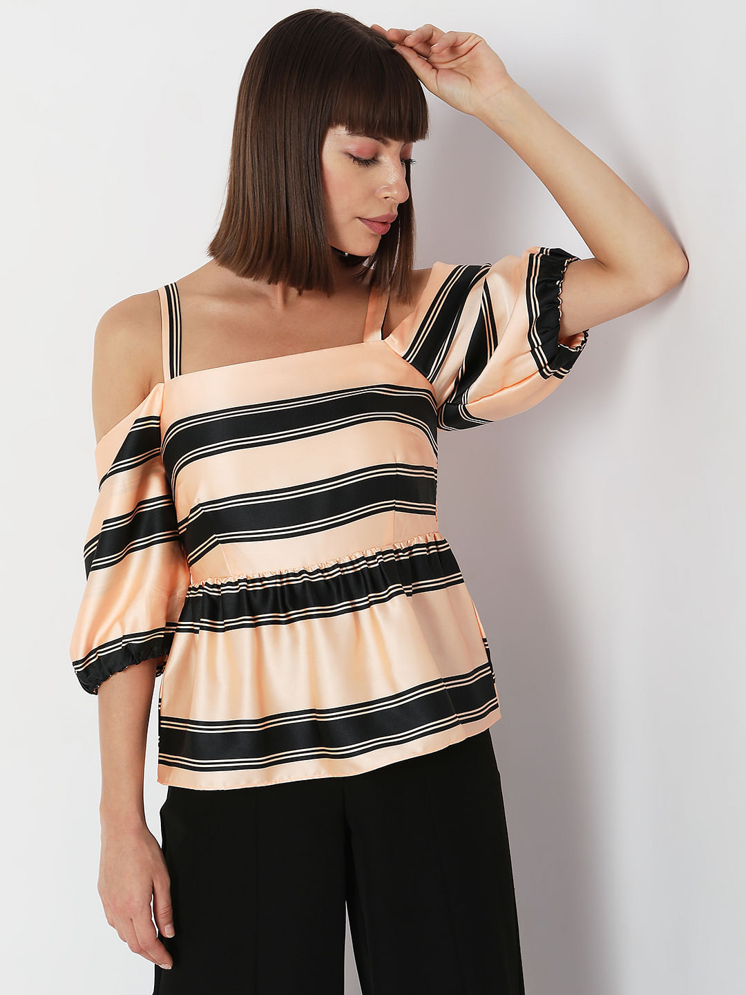 Black and white striped cold best sale shoulder top